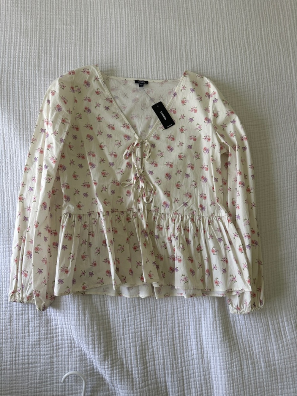 Express Cream Floral Tie-Front Peplum Blouse
